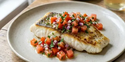 Filet de poisson poêlé garni d'une sauce vierge gastronomique fraîche et colorée, à base de tomates et d'oignons rouges.