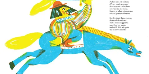 Un cavaliere errante, con spada alzata, cavalca un destriero blu. Il suo significato è l'eroe che scaccia mostri e salva dame.