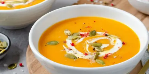 Velouté de courge butternut orange servi dans un bol blanc, garni de crème, de graines de courge et de poivre rose.