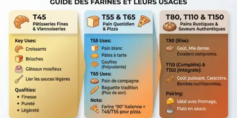 Guide des farines : la T150, idéale pour pains rustiques et saveurs authentiques, offre goût puissant et caractère. Parfaite avec fromages et plats en sauce.