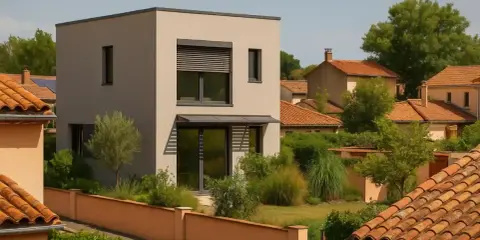 Maison moderne aux lignes épurées, exemple de construction maison passive. Jardin verdoyant et toits de tuiles environnants.