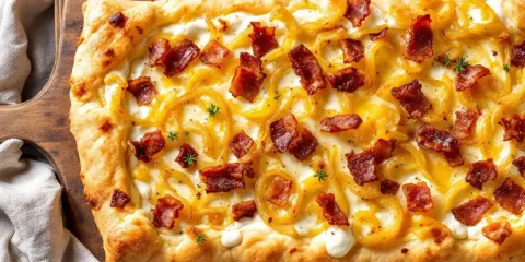 Flammekueche gourmande avec sa crème onctueuse, oignons caramélisés et lardons croustillants. Une recette facile pour un plaisir garanti.
