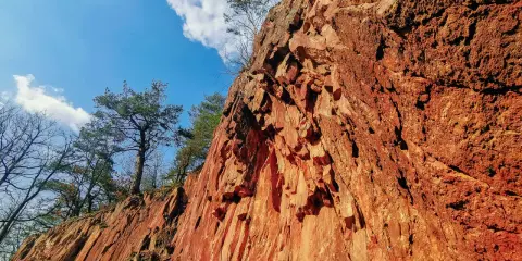 Czerwone skały i drzewa na zboczu, idealne na trasę Organy Wielisławskie.