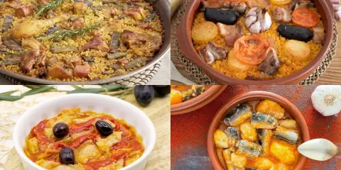 Variedad de comidas típicas de Valencia: paella, arroz al horno, pisto y pescado con patatas.