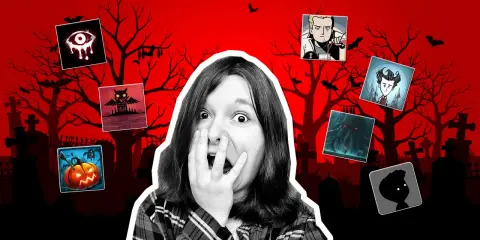 Przerażona dziewczyna otoczona ikonami gier, które mogą być polskimi grami horrorami. Cmentarz i nietoperze w tle.