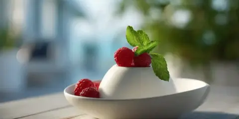 Délicieux panna cotta au lait sans crème, garni de framboises fraîches et d'une feuille de menthe, servi dans un bol blanc sur une table en bois.