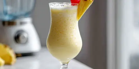 En krämig pina colada med ananasskiva och körsbär, redo att avnjutas.