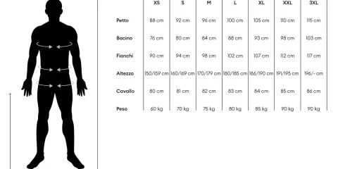Tabella taglie: la taglia S corrisponde a petto 92 cm, bacino 80 cm, fianchi 94 cm, altezza 160-169 cm, cavallo 81 cm, peso 70 kg.