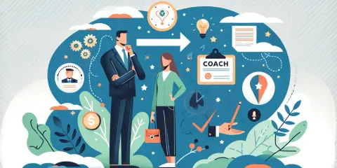 Biznesmen i kobieta rozmawiają. Na tablicy wisi napis "COACH". To symbol wsparcia i rozwoju.