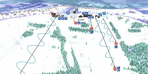Mapa tras narciarskich w Bukowinie Tatrzańskiej. Widok na stoki, wyciągi, lasy i górskie chatki.