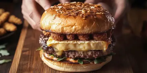 Apetyczny burger drwala przepis: soczysta wołowina, rozpływający się ser, chrupiące dodatki i puszna bułka. Idealny na głód!