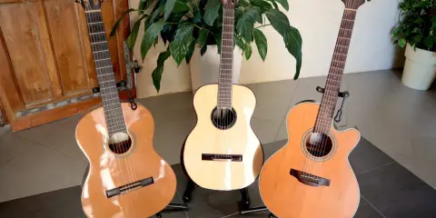 Trois guitares folk nylon, une classique, une électro-acoustique et une autre, se tiennent fièrement sur leurs supports, prêtes à faire vibrer leurs cordes.
