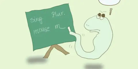 Uroczy stworek uczy się angielskiego: liczba pojedyncza i mnoga. Na tablicy "mouse" i "mice".