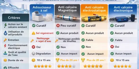 Comparatif des systèmes anti calcaire : adoucisseur à sel, magnétique, électrostatique et électronique. Lequel choisir pour une eau sans calcaire ?