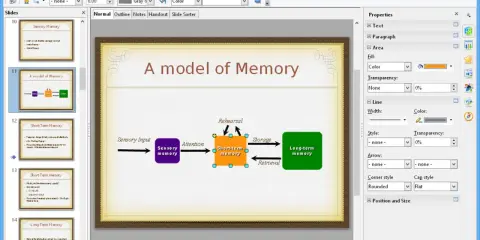 Un étudiant utilise OpenOffice Impress pour créer une présentation sur un modèle de mémoire, montrant les étapes de la mémoire sensorielle, à court terme et à long terme.