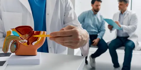 Lekarz pokazuje na modelu prostatę, omawiając jej wielkość i potencjalny guz. Dwóch mężczyzn w tle rozmawia.