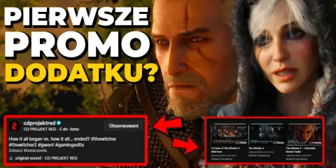 Geralt i Ciri z Wiedźmina 3 na tle tekstu "Pierwsze promo dodatku?". Pod spodem materiały wideo, w tym zwiastun Wiedźmin 4.