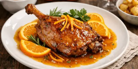 Pechuga de pato a la naranja, glaseada y dorada, servida con rodajas de naranja fresca y romero.