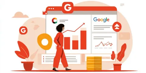 Une personne analyse les données d'une campagne search Google Ads, avec des graphiques montrant une croissance.