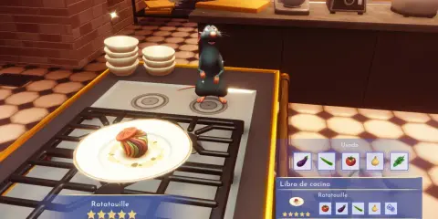 Remy prepara ratatouille en Dreamlight Valley. El libro de cocina muestra los ingredientes para esta y otras recetas.