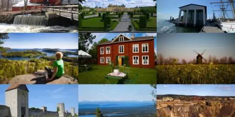 En mosaik av Sveriges världsarv: en röd kvarn, Drottningholms slott, ett marinmuseum, en sjöutsikt, ett rött hus, en väderkvarn, Visby ringmur, ett fjällandskap och en gruva.