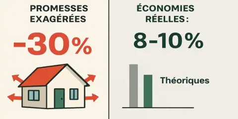 Comparaison des promesses d'isolation des combles : -30% théoriques vs 8-10% réels.