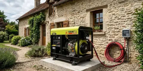 Un groupe électrogène Pramac GSW7.5, idéal pour savoir quel groupe électrogène choisir pour alimenter une maison, est installé près d'une bâtisse en pierre.