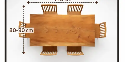 Vista aérea de mesa de comedor de madera con seis sillas. Muestra el espacio alrededor de la mesa, indicando 140 cm de largo y 80-90 cm de ancho.