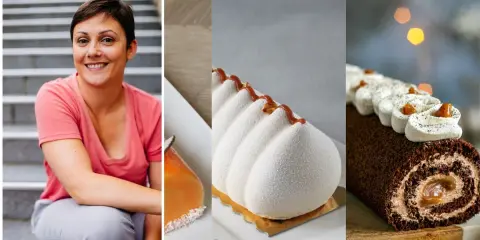 Pâtissière souriante à côté de desserts élégants, dont une bûche au chocolat et une création blanche texturée, évoquant un croustillant pour buche parfait.