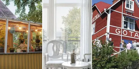 Gammaldags pensionat med växthus, elegant rum med utsikt och rött hus med texten "GÖTA".