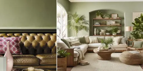Un salon moderne et confortable avec des murs vert clair. Le cuir brun du canapé et les coussins aux motifs géométriques roses montrent quelle couleur va bien avec le vert clair.