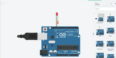 Un simulatore Arduino mostra una scheda UNO collegata via USB, con un LED e un resistore collegati.