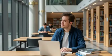 Młody mężczyzna zamyślony nad książkami i laptopem w bibliotece. Myśli o przeniesieniu się na inną uczelnię.