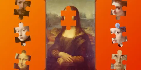 Mona Lisa z brakującym elementem twarzy, otoczona fragmentami innych obrazów. Czy to samospełniająca się przepowiednia sztuki?