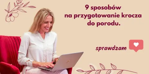Kobieta na laptopie szuka informacji o tym, od kiedy zacząć masaż krocza. 9 sposobów na przygotowanie krocza do porodu.