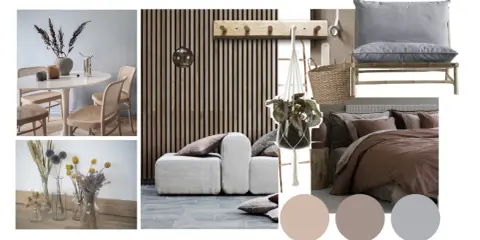 En moodboard visar inspiration för ett hem med trädetaljer, beiga toner och en mysig säng.