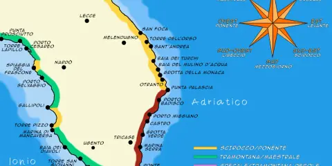 Mappa del Salento: da Torre Lapillo a Santa Maria di Leuca, passando per Gallipoli, Otranto e Castro. Marina di Pescoluse si trova sulla costa ionica, a sud di Torre Pali.