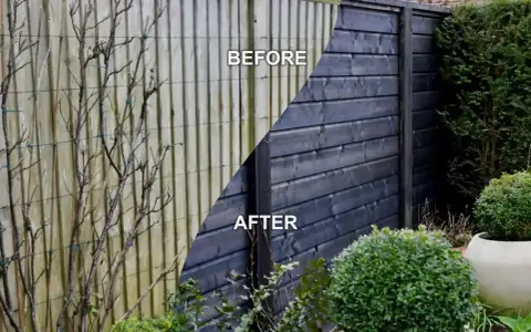 Before and after of DIY fence panels. The left side shows weathered, pale wood with bare branches, while the right side displays a sleek, dark-stained fence with lush greenery.