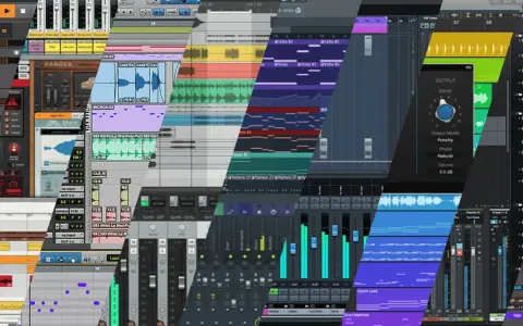 Wielobarwny kolaż ekranów programów muzycznych, ukazujący ścieżki audio, miksery i edytory MIDI.