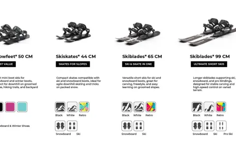 Porównanie nart: Snowfeet 50 cm, Skiskates 44 cm, Skiblades 65 cm i 99 cm. Jaka długość nart do wzrostu? Wybierz idealne dla siebie.