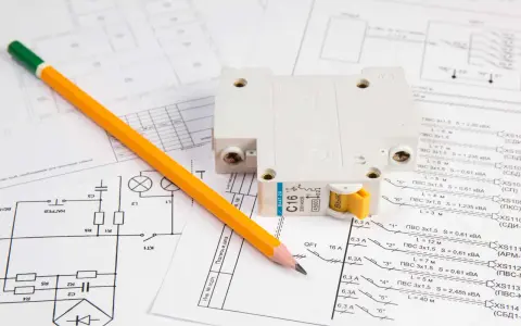 Protokół odbioru instalacji elektrycznej z wyłącznikiem i ołówkiem na schemacie.