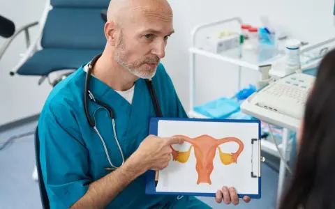 Lekarz omawia z pacjentką budowę macicy i możliwości leczenia mięśniaków macicy, wskazując na rysunek.