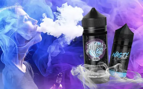 Mujer vapeando, rodeada de vapor azul y morado. Dos botellas de líquidos para vapear, una de "Ruthless E-Juice" y otra de "Nasty Salt", ambas **sales sin nicotina**.