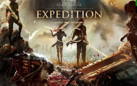 Guía oficial de Expedition 33, con guerreros listos para la aventura en un paisaje místico.