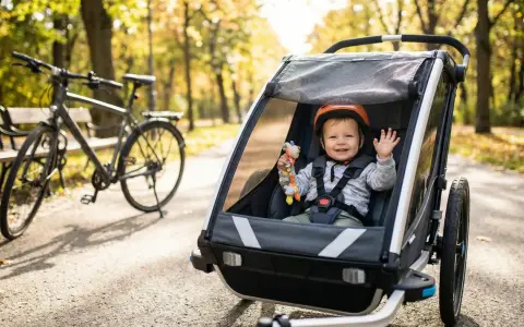 Uśmiechnięte dziecko w kasku w przyczepce rowerowej. Od jakiego wieku można wozić malucha w takiej przyczepce? Odpowiedź znajdziesz w instrukcji producenta.