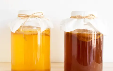 Dwa słoje z kombuchą, jeden jasnożółty, drugi ciemnobrązowy. Czy kombucha jest zdrowa? To pytanie nurtuje wielu miłośników napojów fermentowanych.