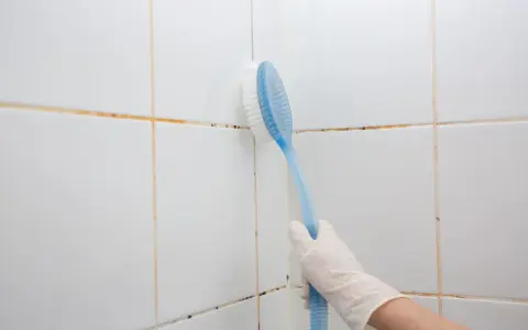 Mano con guanto bianco usa spazzola blu per pulire le fughe delle piastrelle bianche, mostrando come togliere la muffa.