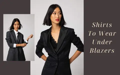 A woman models different shirts to wear under a blazer, showcasing a classic white button-down and a lace camisole.
