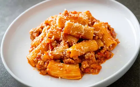 Un piatto invitante di pasta alla zozzona, con rigatoni conditi con un ricco ragù e abbondante parmigiano grattugiato.