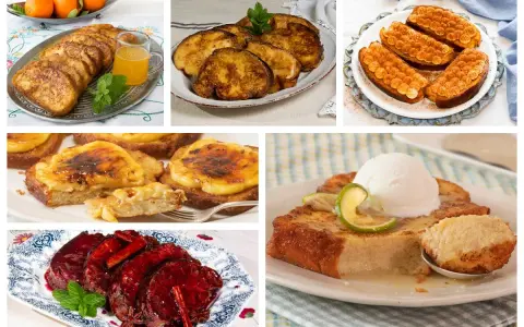 Variedad de torrijas: doradas, con crema quemada, con helado y frutas, y un plato de carne en salsa. Ingredientes torrijas variados.